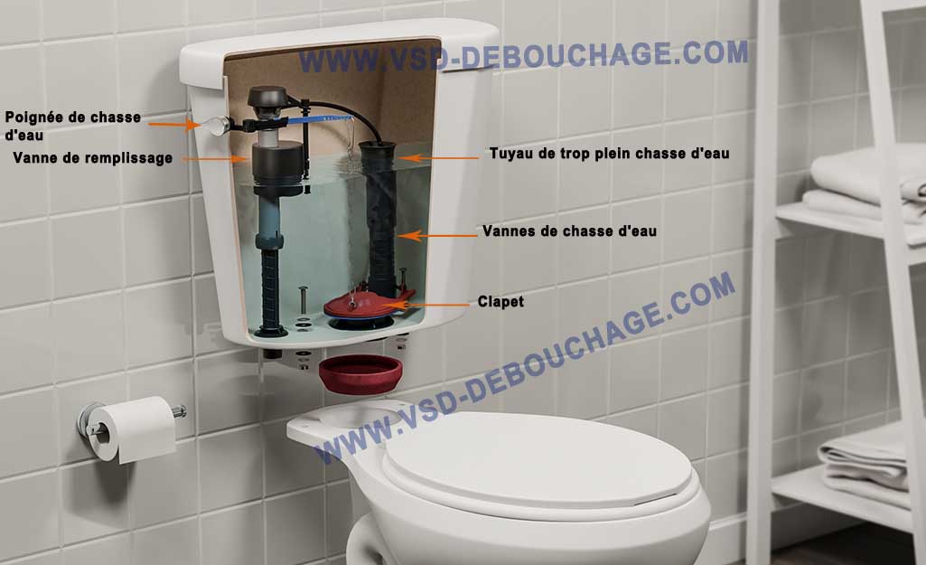 Un schéma montre les composants d'un réservoir de toilette.